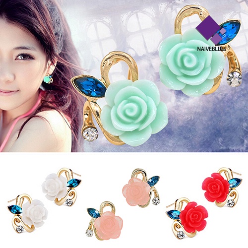 Anting Stud Bentuk Bunga Bahan Resin Aksen Berlian Imitasi Untuk Wanita