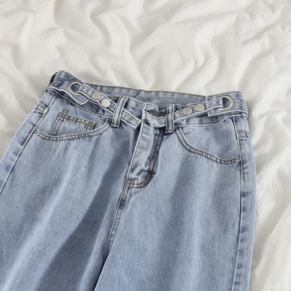 new biru muda straight button celana jeans high waist wanita kulot