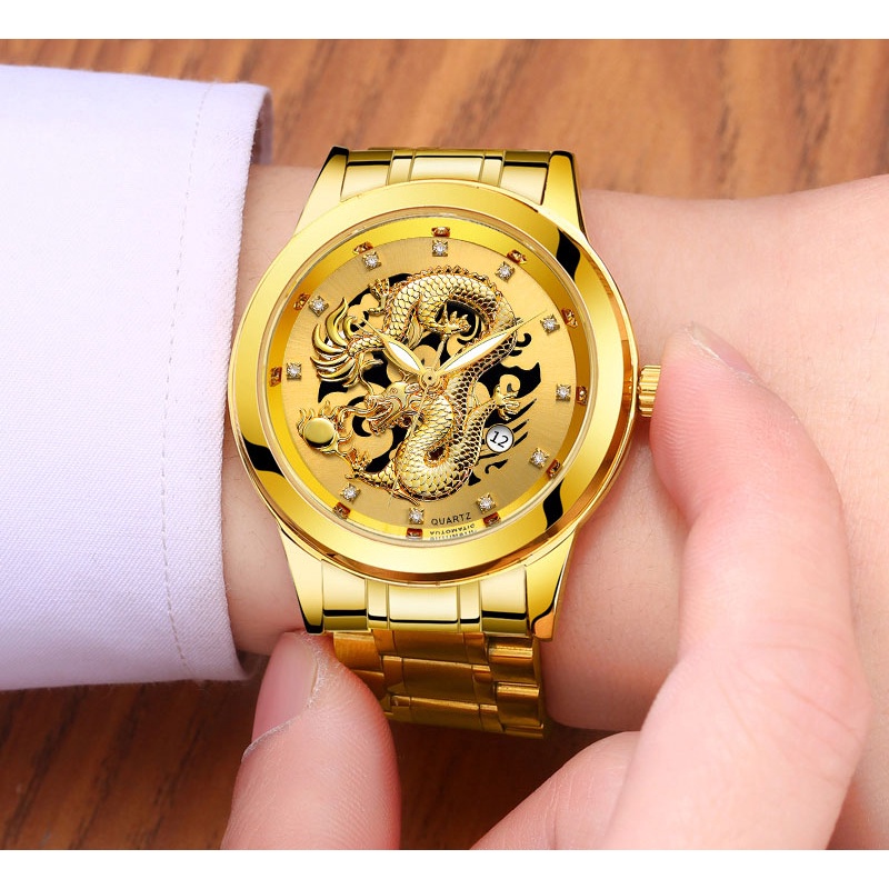 FNGEEN Jam Tangan Pria Naga Emas Luxury Stainless Steel Quartz Original Anti Air Dragon Gold Watch Kuning