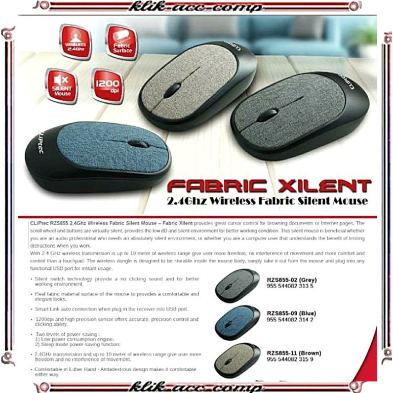 CLIPtec - RZS855 / Fabric Xilent / Wireless Fabric Silent Mouse / 1200dpi