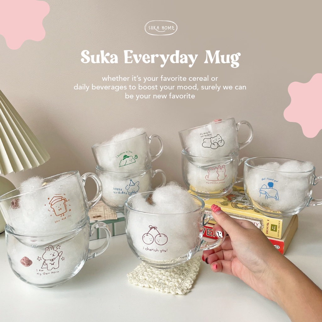 Everyday Mug Glass by Suka Home Gelas Mug Cereal Korean Style Estetik Gelas Kaca Korea Mug Transparan | Gelas Lucu Tahan Panas Garansi Pecah