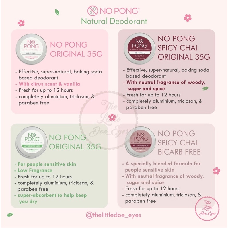 No Pong Natural Deodorant Original / Spicy Chai / Biscarb Free 35G