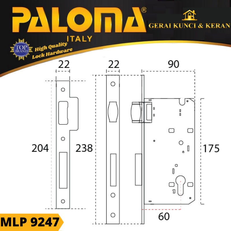 PALOMA MLP 9247 MORTISE LOCK ROLLER 60 MM EXCLUSIVE ITALY ANTIK BRASS