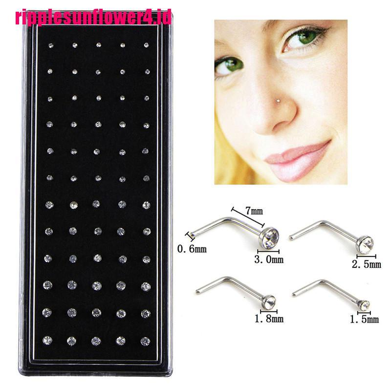 60pcs Cincin Tindik Hidung Bentuk L Bahan Baja Hias Kristal Berlian Imitasi