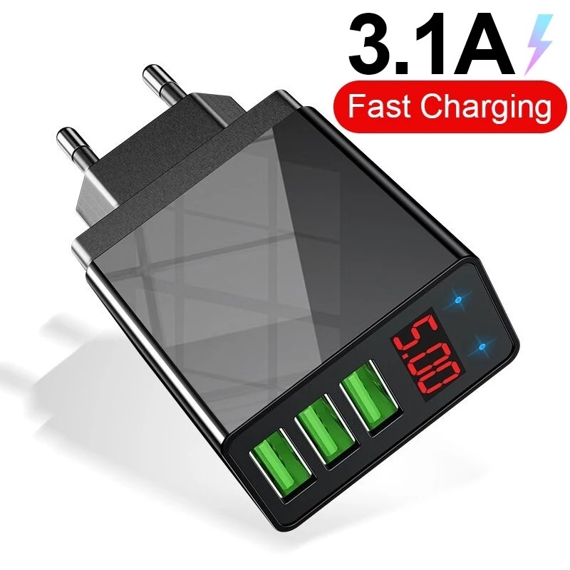 Adapter Charger 3 Port Usb 3.0 Fast Charging Display Digital Led Untuk Tablet / Handphone Eu / Us / Uk