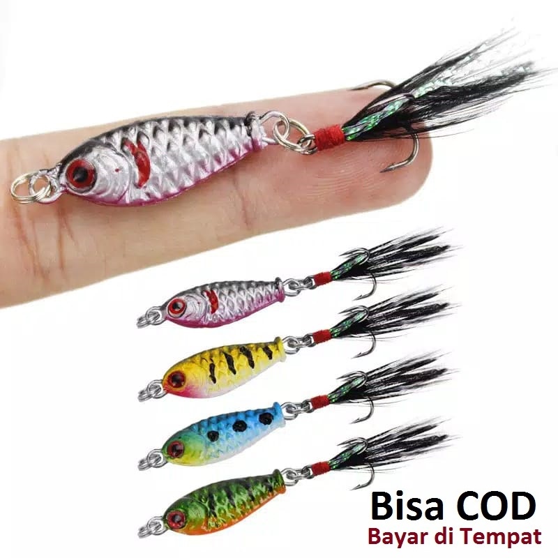 SATU SET (isi 4) 3.2cm/5gr Mini Jig umpan casting laut pinggiran Fishing Lure Metal Jig Mini Berbulu
