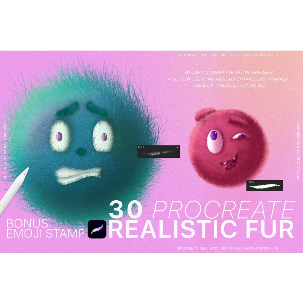 Procreate Brush - Realistic Fur &amp; Cute Emoji for Procreate