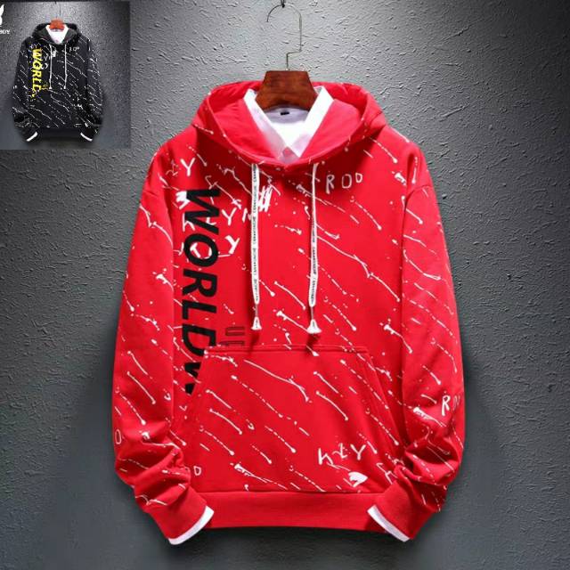 TOTOTAshop.Sweater Hoodie WORLD pria,Bahan Fleece tebal.motif sablon premium.