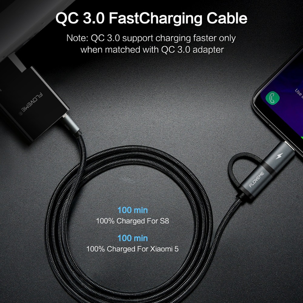 Kabel Charger 2 in 1 Micro USB + Type C QC3.0 2.8A 1 Meter Floveme - Gray