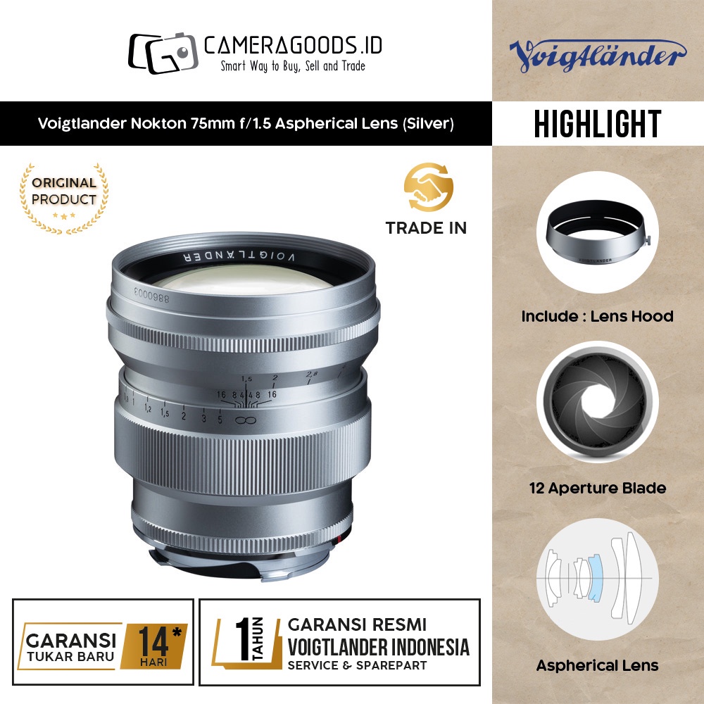 Voigtlander Nokton 75mm f/1.5 Aspherical Lens (Silver) VM Mount - 4002451001700
