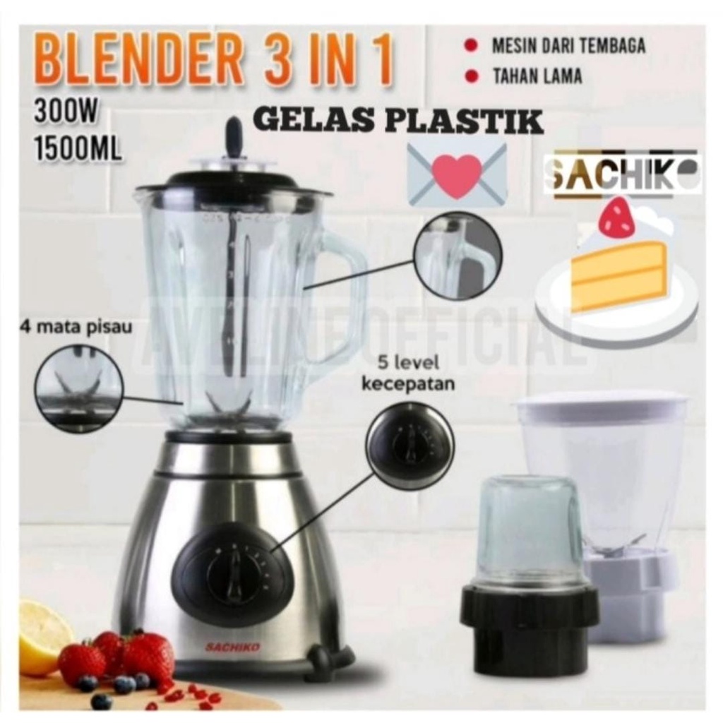 Blender 3 IN 1 SACHIKO Body Stainless Gelas Plastik 300 Watt BL-205 Lantian Electronic