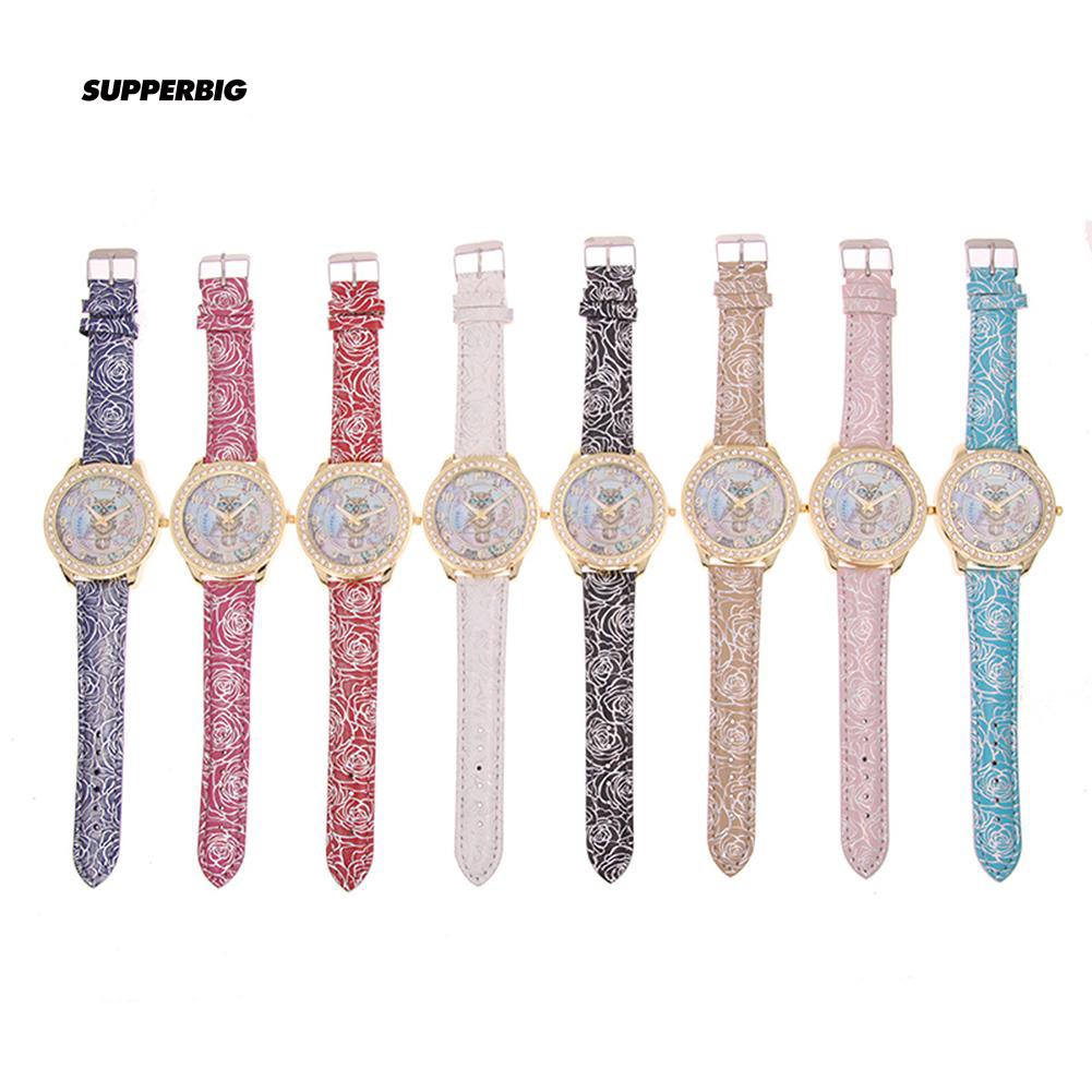 Jam Tangan Quartz Analog Motif Print Burung Hantu Kartun Strap