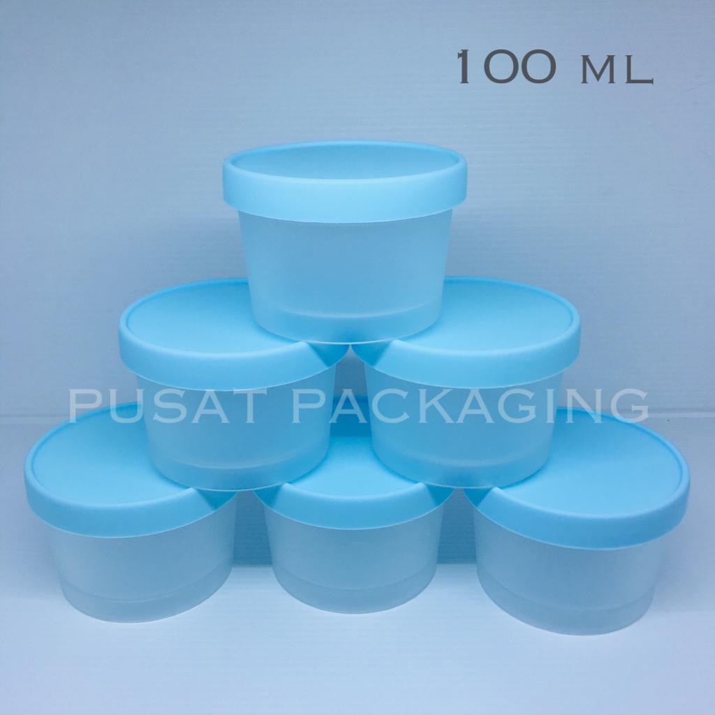 Cream Pot Jar 100ml Plastik Bunga Es Krim Biru Frosted / Kemasan