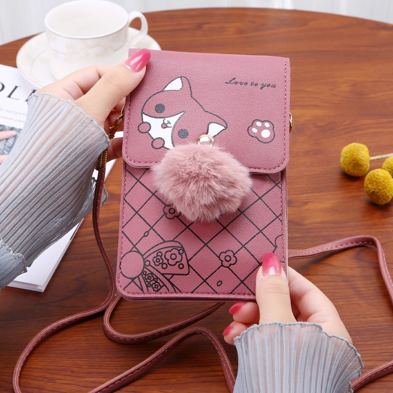 TAS SELEMPANG WANITA UNTUK HP MOTIF ANIMAL DENGAN BULU BOLA SLING BAG WOMEN COD IMPORT Azgalery T192