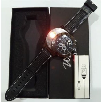 Terbaru!! Jam Tangan Pria Korek Elektrik USB Hadiah Api Rokok Quartz Fashion Pria Warna Hitam