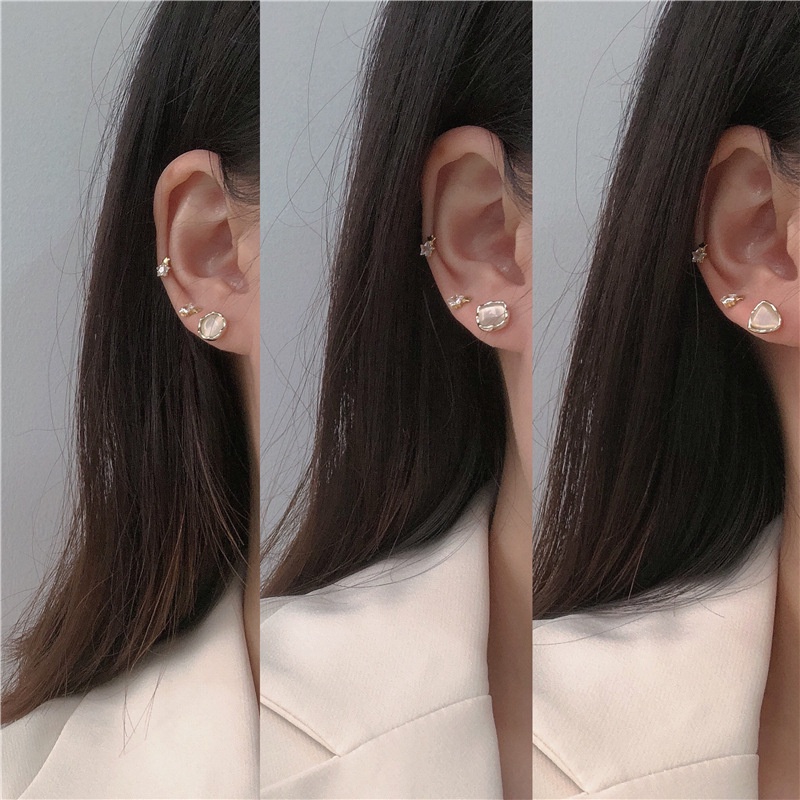 Japanese and Korean New Style Niche Opal Set Earrings Ins Personality Design Sense Simple One Week Ear Jewelry Fashion Accessories Jewelry