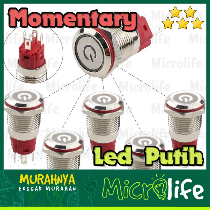 Push on Button Stainless Power LED Putih 16mm 9-24v Momentary White