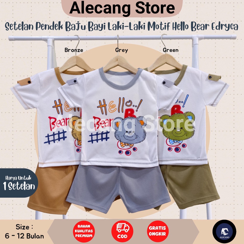 Setelan Pendek Baju Bayi Laki - Laki size 6 - 12 Bulan merk EDRYCA motif HELLO BEAR