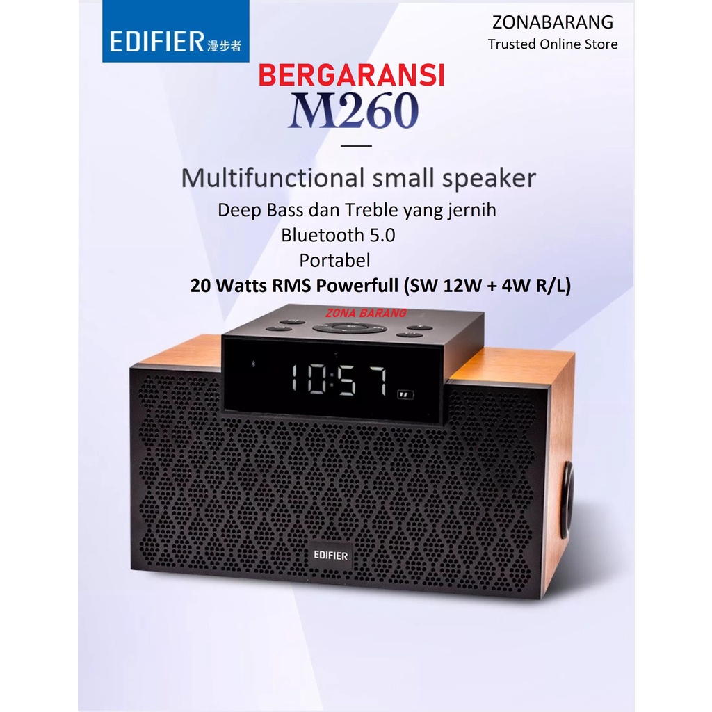 Edifier M260 Deep Bass 20 Watt Bluetooth Speaker Smart Alarm Clock Suara Sejernih Harman Kardon