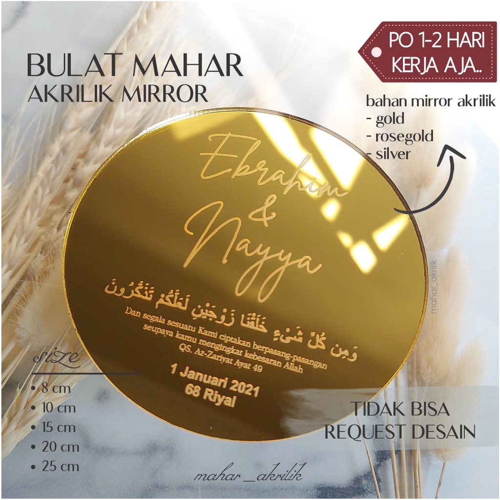 Bulat Nama Hiasan Box Mahar Bahan Akrilik Mirror Gold/Rosegold/Silver | Scrabbook | Kayu Grafir Nama