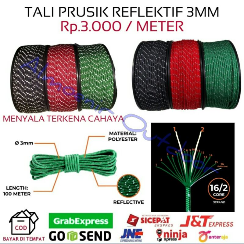 Tali Prusik Reflektif 2 - 3 Mm tali flysheet tenda outdoor camping
