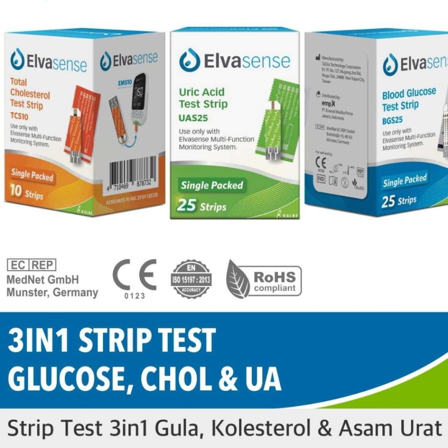 Strip Alat Cek 3in1 Elvasense (Gula Darah/Kolesterol/Asam Urat)