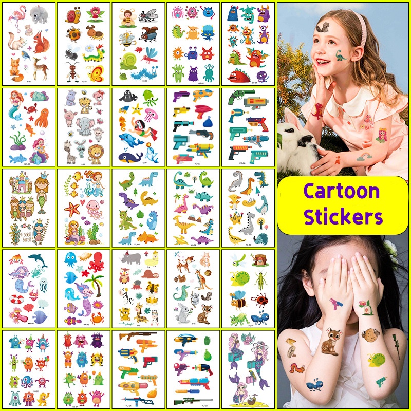 10 Pcs Stiker Tato Palsu Desain Kartun Hewan Untuk Anak