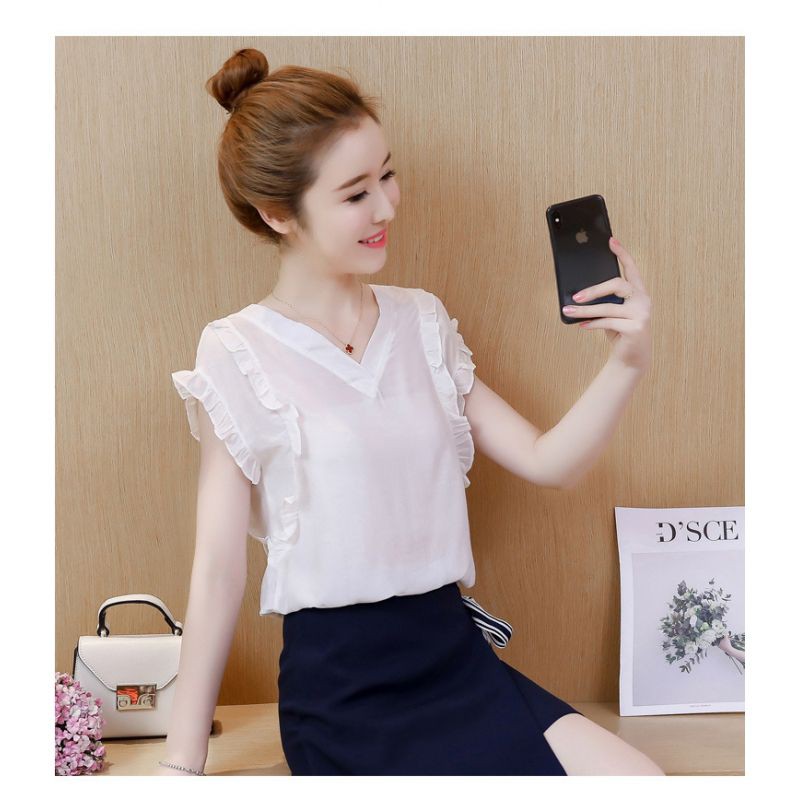 Blouse wanita putih model kerah v bahan katun lengan pendek elegant
