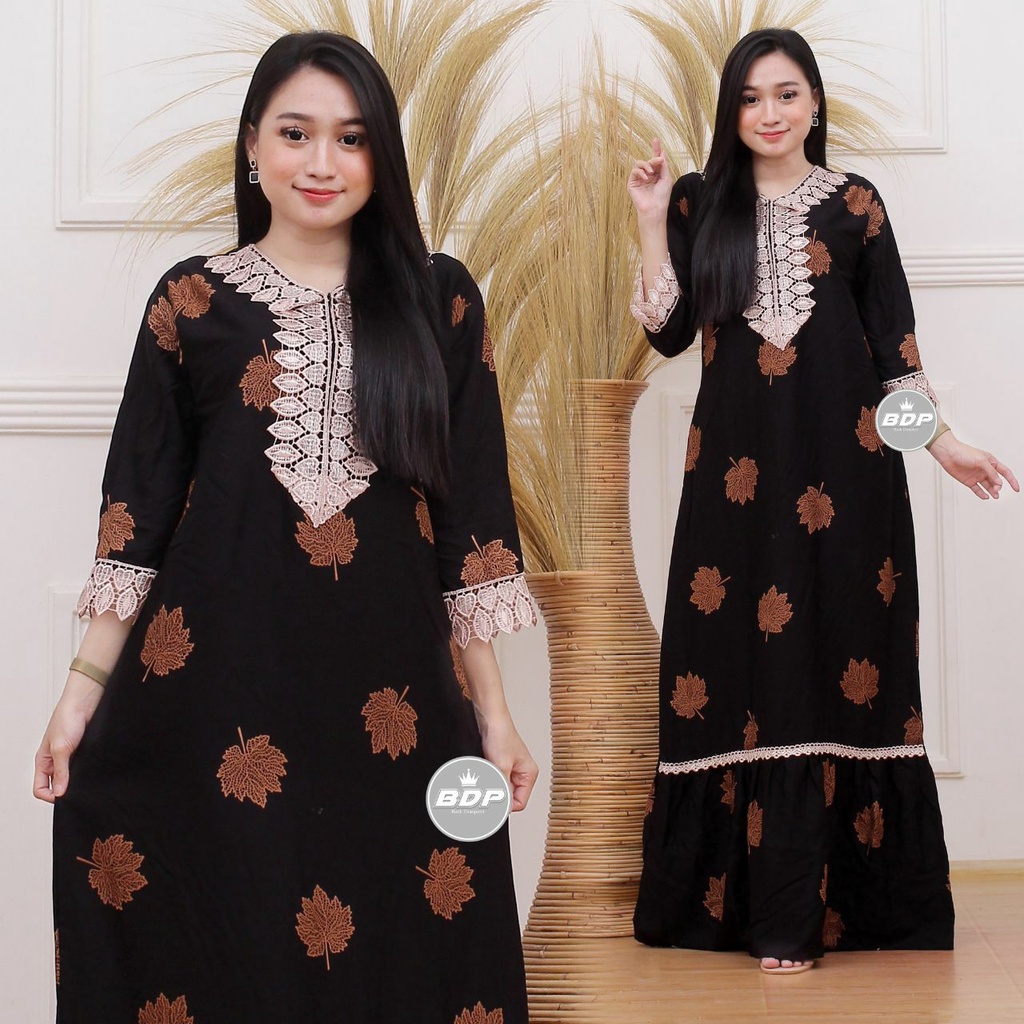 Dianputri - Daster Arab Zeema | Rayon Super Grade A | Resleting Depan Busui | Renda Milo Ori-DAUN HITAM