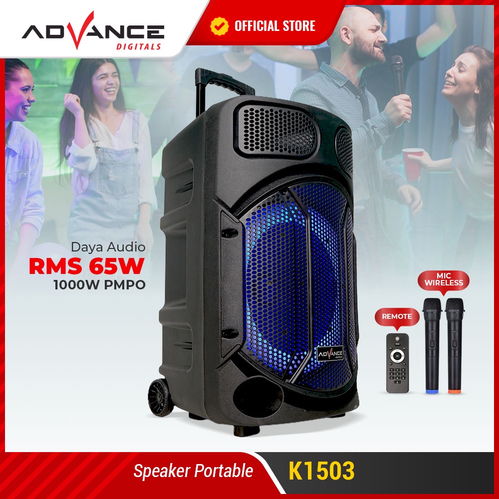 Advance Digitals K1503 Speaker Meeting Bluetooth Salon Aktif 15&quot; Gratis 2 Mic Karoke Batrei Besar RGB Light