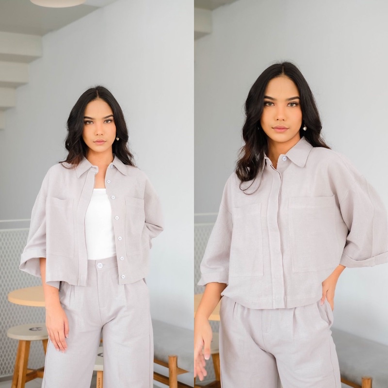 Prisil Two Pocket Crop Shirt PREMIUM Linen | Kemeja hangout kerja casual atasan premium quality