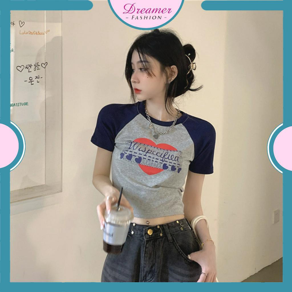 DF BJ389 Kaos Pendek Wanita Baju Atasan Crop Top Ketat Print Huruf Retro