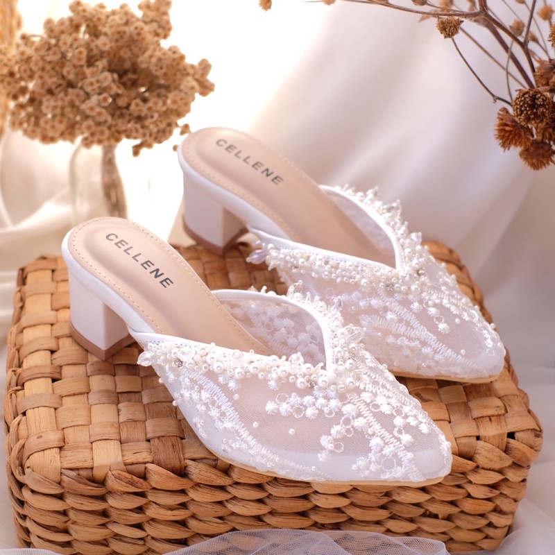 CELLENE Brenda Beads Heels (2warna) / wedding shoes sepatu pengantinbrukat payet putih heels 5cm