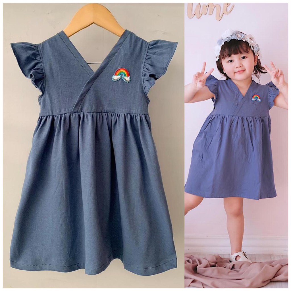 Dress Anak Bayi V Pelangi Mix Warna Size 1-5tahun-biru