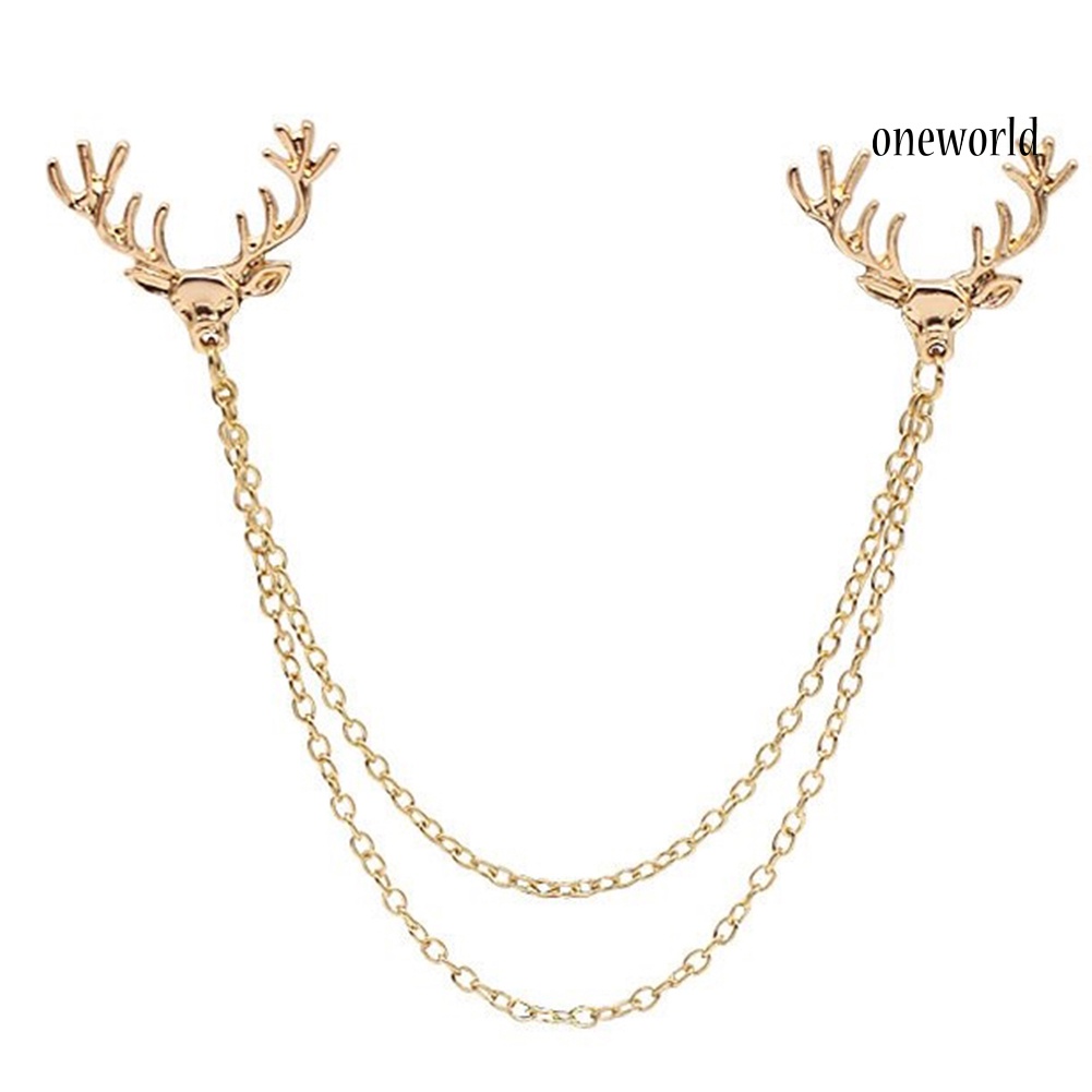 OW@ Fashion Men Women Shirt Suit Collar Deer Head Brooch Pin with Long Chain Gift