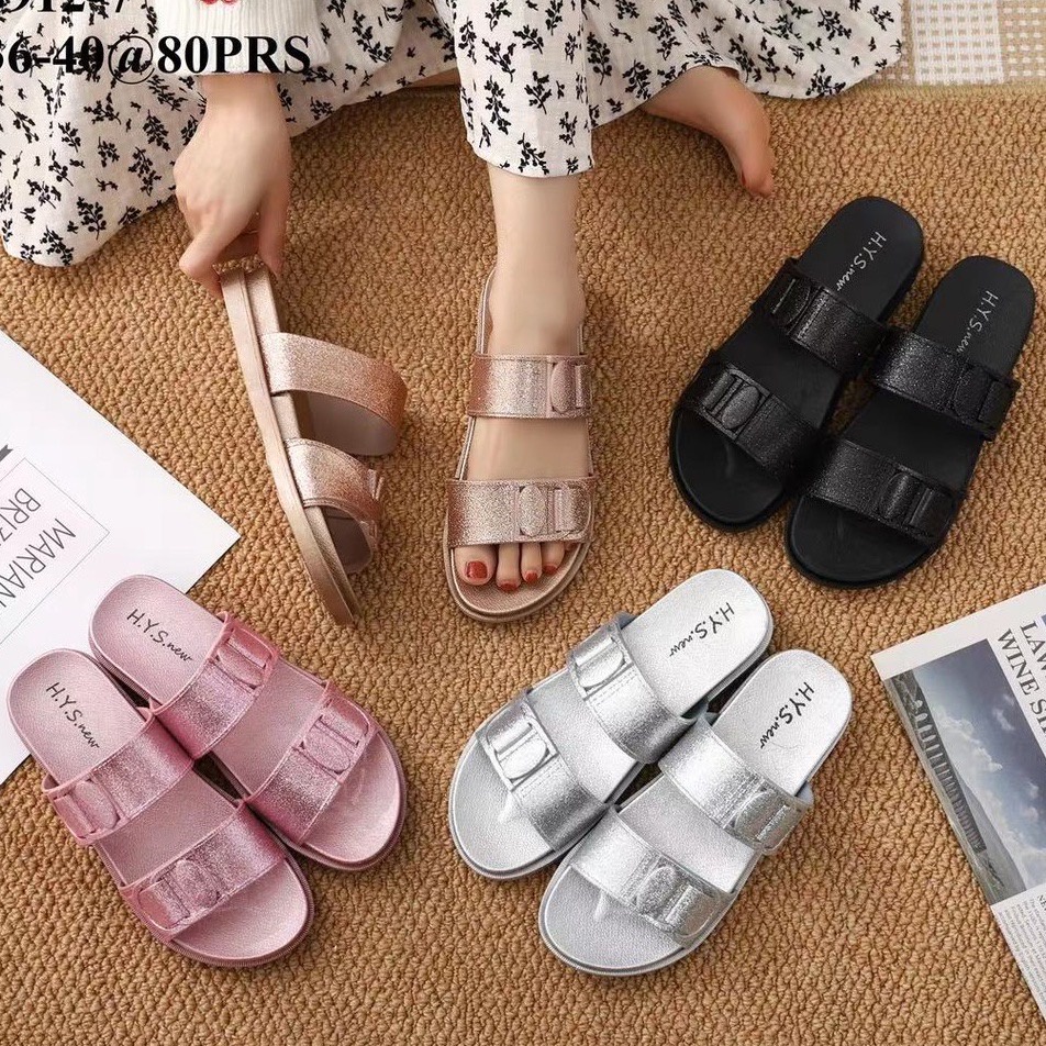 Sandal Balance Wanita 2 Tali Jelly Slip-On Import Wanita Eva Rubber Ringan Nyaman Dipakai Lentur Tidak Licin Anti Slip 2301-A1 / Sandal Jelly Karet Glitter Hys NORA Import