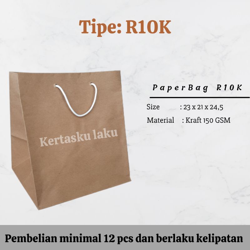

Paper bag R10K, tas kertas coklat polos, ukuran P23 x L21 x T24,5, kotak nasi 20x20