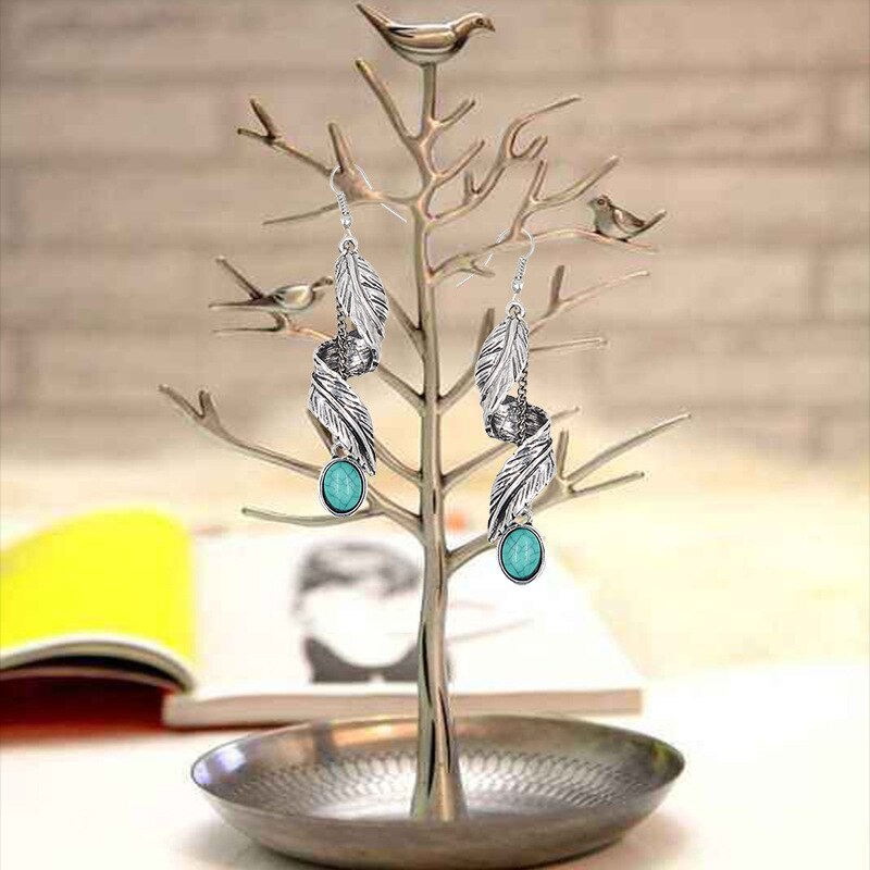 Bohemian Feathered Earrings for Women Vintage Hanging Earrings with Oval Stones Long Eardrop Metal Accessories Jewelry
