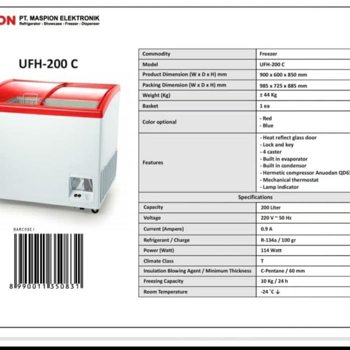 MASPION UFH 200C / FREEZER BOX SLIDING GLASS PINTU KACA 200 LITER / UFH200C