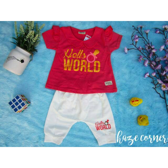 Setelan Korea Import World 3 - 24 Bulan Celana Kaos Baju Anak bayi cewek murah grosir pastel atasan