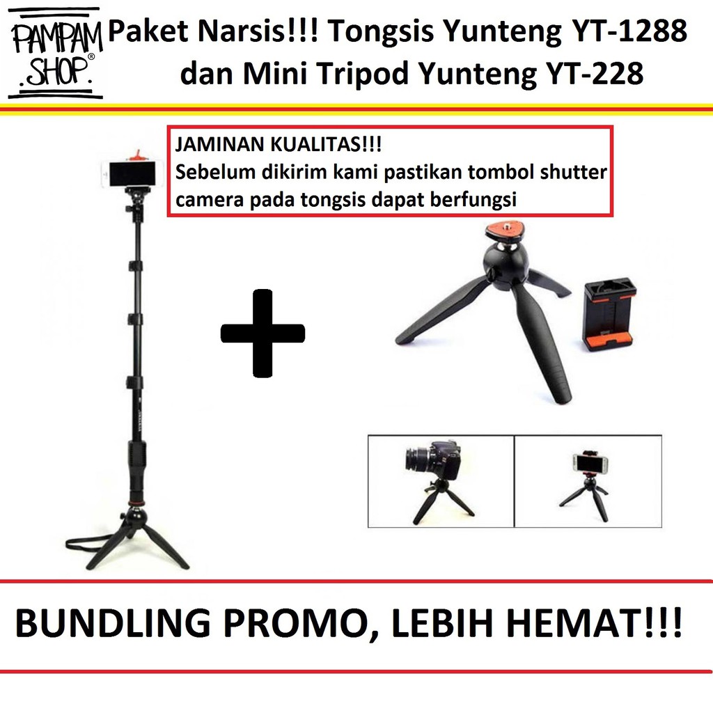 PAKET NARSIS Tongsis Yunteng YT-1288 With Bluetooth Shutter dan Mini Tripod YT-228 Original Monopod
