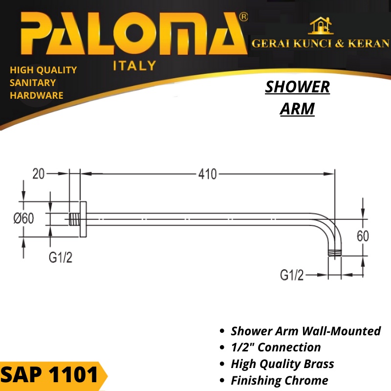 Shower Arm Paloma SAP 1101 CH LENGAN SHOWER  BRASS CHROME