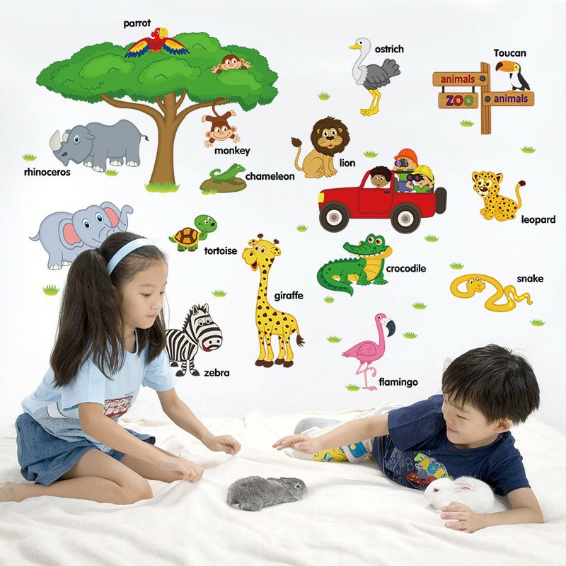 WALL STICKER POHON ANIMAL HEWAN ANAK JERAPAH STIKER DINDING EDUKASI MENGENAL BINATANG Tidak Merusak Cat