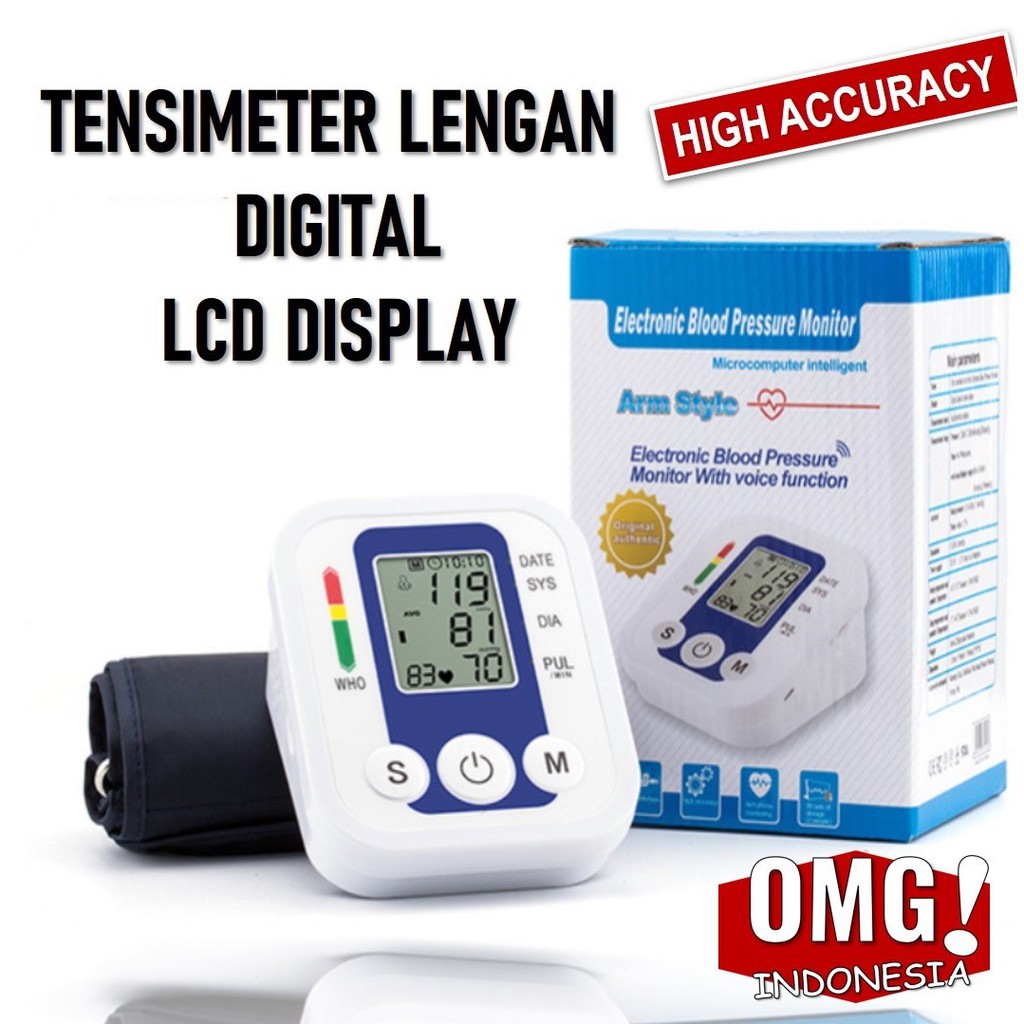 TENSIMETER DIGITAL LCD DISPLAY PENGUKUR TEKANAN TENSI DARAH PORTABLE BLOOD PRESSURE ELEKTRIK [ COD ]-Arm No Voice  Blue
