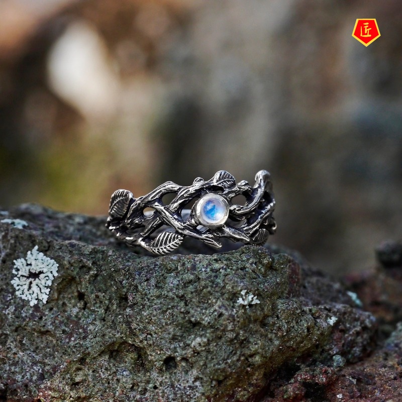 [Ready Stock]Moonstone Black Silver Twigs Ring Retro Simple