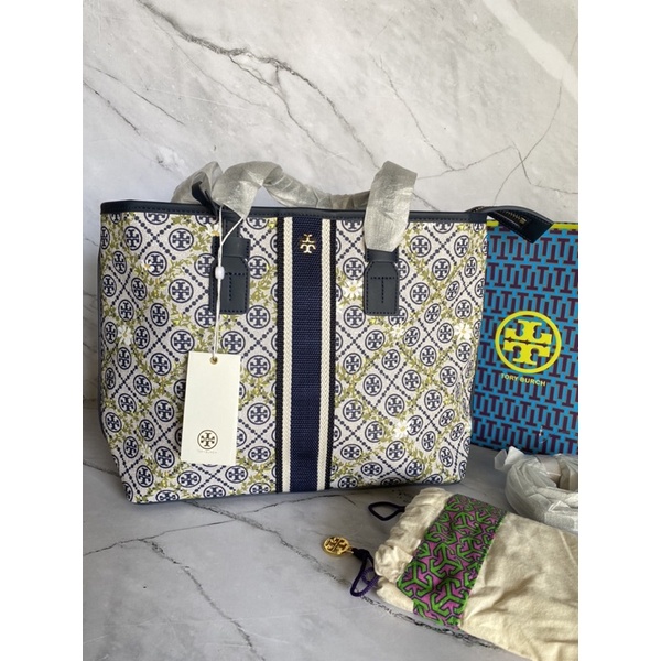 tb tmonogram flower navy medium tote bag