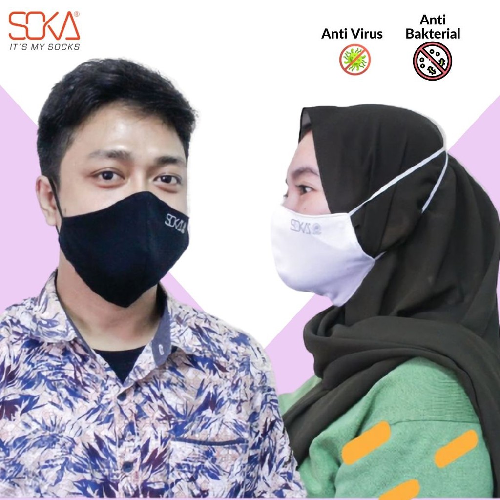 Masker Kain SOKA Non Medis Anti Bakteri Hitam dan Putih / Masker Earloop / Masker Hijab