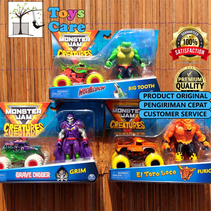 HOT WHEELS MONSTER JAM TRUCK CREATURES SET 3 PCS - SHARK MEGALODON GRAVE DIGGER GRIM EL TORO LOCO