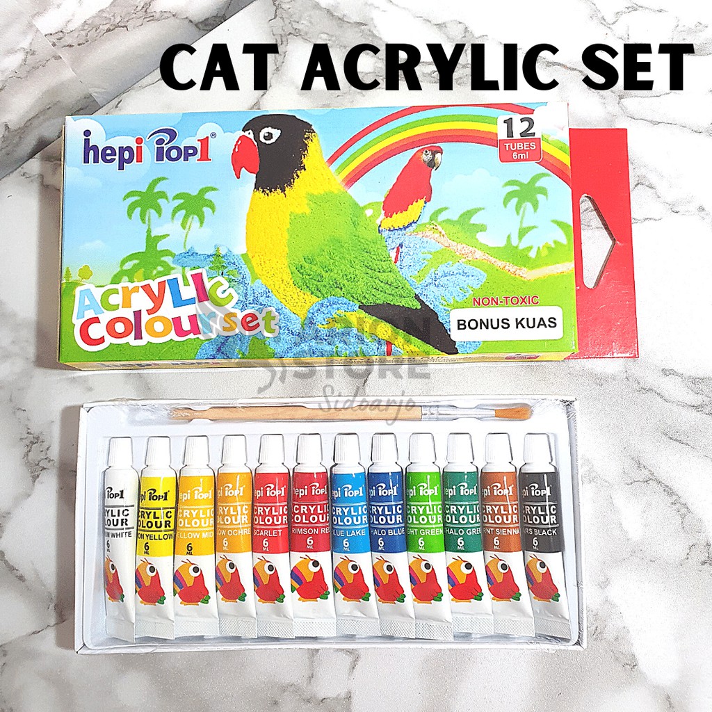 

[ARION STORE] Cat Acrylic Pop1 Set 12 Warna + FREE KUAS (6ml) / Cat Akrilik / Cat Acrylic pop1 [PCS]