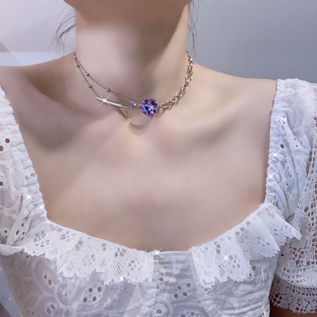 Kalung Rantai Dengan Liontin Hati Warna Ungu Gaya Korea Untuk Wanita